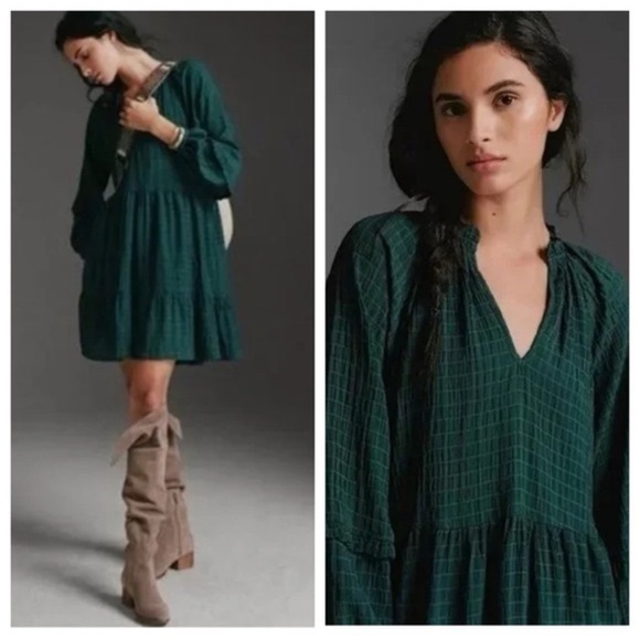 ANTHROPOLOGIE x MARE MARE Boho Anne Tiered Peasant Tunic Green Dress Size Small - Picture 2 of 8